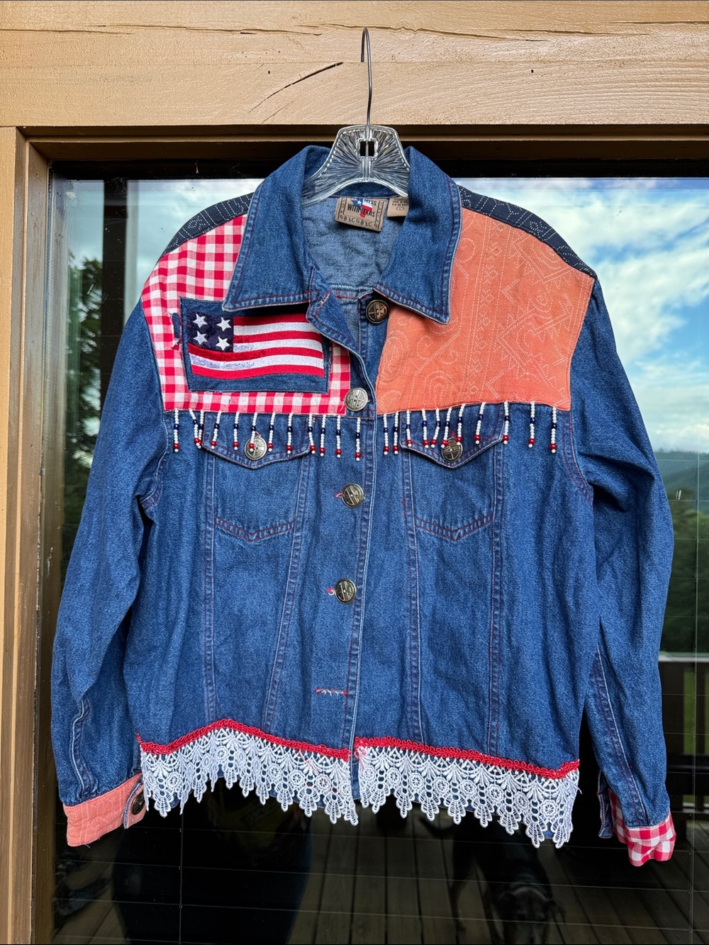 Vintage Embellished Denim Jacket with Flag Patch